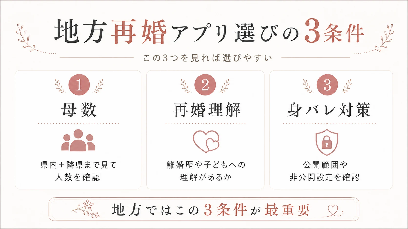 地方再婚アプリ選びは母数・再婚理解・身バレ対策の3条件が重要