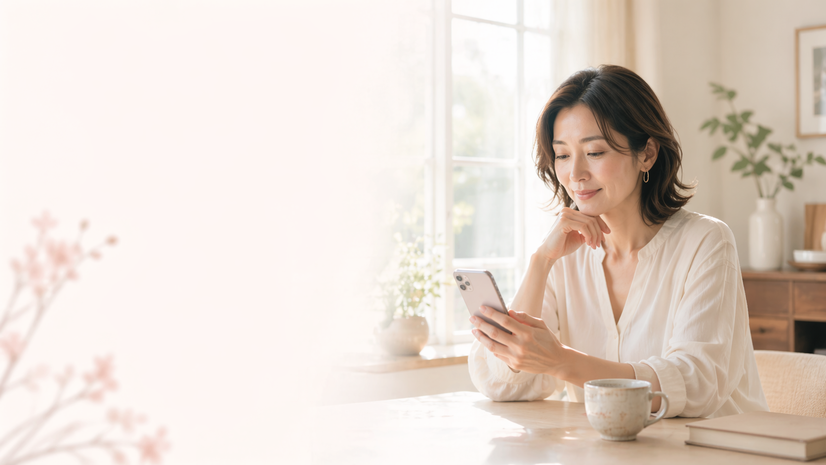 スマートフォンを見る落ち着いた雰囲気の女性